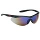 a blue/black single - piece lens wrap - around safety glasses / sun glasses