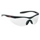 a clear/black single - piece lens wrap - around safety glasses