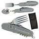 a silver 6 in 1 stainless steel camping tool