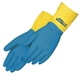 a blue/yellow unsupported flock lined glove with neoprene over latex
