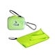 aerial view a green-lime cooling towel in carabiner case, image 1 of 2