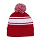 aerial view a red/ white 2- tone acrylic rib knit pom pom beanie, image 1 of 2