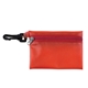 aerial view a trans red 13 piece healthy living pack components inserted into translucent zipper kit with plastic carabiner attachment, image 1 of 3