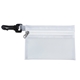 aerial view a frost white 13 piece healthy living pack components inserted into translucent zipper kit with plastic carabiner attachment, image 1 of 2