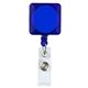 aerial view a trans blue 30 cord square retractable badge reel and badge holder with metal slip clip attachment, image 1 of 2