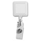 aerial view a white 30 cord square retractable badge reel and badge holder with metal slip clip attachment, image 1 of 2