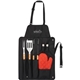 aerial view a black bbq now apron and 7 piece bbq set, image 1 of 7