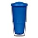aerial view a translucent dark blue 24 oz biggie tumbler with lid, image 1 of 2