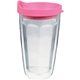 a pink 16 oz thermal dual walled travel tumbler - white printed insert