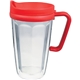 a red 16 oz thermal travel mug with decal - plastic