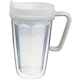 a white 16 oz thermal travel mug with decal - plastic