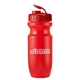 aerial view a red bottle & translucent red (flip top lid) lid 20 oz bike water bottle, image 1 of 2