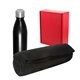 aerial view a black cozy fleece blanket and insulated bottle gift set, image 1 of 2