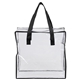 aerial view a clear with black trim and handles 12w x 12h x 6gusset arete clear vinyl stadium compliant tote bag with zipper, image 1 of 4