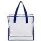 aerial view a clear with blue trim and handles 12w x 12h x 6gusset arete clear vinyl stadium compliant tote bag with zipper, image 1 of 7