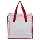 aerial view a clear with red trim and handles 12w x 12h x 6gusset arete clear vinyl stadium compliant tote bag with zipper, image 1 of 8