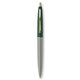 a metallic silver barrel & forest green cap gold trim pens