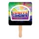 a white square shape hand fan, full color digital