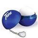 a blue metallic lip balm with keychain