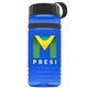 a transparent blue bottle & black lid & black band groove stripe 20 oz tritan(tm) sports bottle with tethered lid and digital imprint