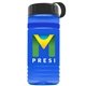 a transparent blue bottle & black lid & blue band groove stripe 20 oz tritan(tm) sports bottle with tethered lid and digital imprint