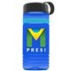 a transparent blue bottle & black lid & cyan band groove stripe 20 oz tritan(tm) sports bottle with tethered lid and digital imprint