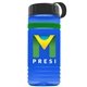 a transparent blue bottle & black lid & green band groove stripe 20 oz tritan(tm) sports bottle with tethered lid and digital imprint