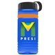 a transparent blue bottle & black lid & orange band groove stripe 20 oz tritan(tm) sports bottle with tethered lid and digital imprint