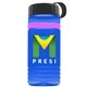 a transparent blue bottle & black lid & pink band groove stripe 20 oz tritan(tm) sports bottle with tethered lid and digital imprint