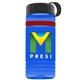 a transparent blue bottle & black lid & red band groove stripe 20 oz tritan(tm) sports bottle with tethered lid and digital imprint