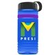 a transparent blue bottle & black lid & violet band groove stripe 20 oz tritan(tm) sports bottle with tethered lid and digital imprint