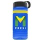 a transparent blue bottle & black lid & yellow band groove stripe 20 oz tritan(tm) sports bottle with tethered lid and digital imprint