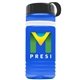 a transparent blue bottle & black lid & white band groove stripe 20 oz tritan(tm) sports bottle with tethered lid and digital imprint