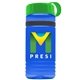 a transparent blue bottle & green lid & black band groove stripe 20 oz tritan(tm) sports bottle with tethered lid and digital imprint