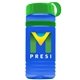 a transparent blue bottle & green lid & green band groove stripe 20 oz tritan(tm) sports bottle with tethered lid and digital imprint
