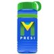 a transparent blue bottle & green lid & lime green band groove stripe 20 oz tritan(tm) sports bottle with tethered lid and digital imprint