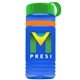 a transparent blue bottle & green lid & orange band groove stripe 20 oz tritan(tm) sports bottle with tethered lid and digital imprint