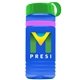 a transparent blue bottle & green lid & pink band groove stripe 20 oz tritan(tm) sports bottle with tethered lid and digital imprint