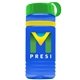 a transparent blue bottle & green lid & yellow band groove stripe 20 oz tritan(tm) sports bottle with tethered lid and digital imprint