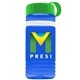 a transparent blue bottle & green lid & white band groove stripe 20 oz tritan(tm) sports bottle with tethered lid and digital imprint