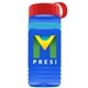a transparent blue bottle & red lid & cyan band groove stripe 20 oz tritan(tm) sports bottle with tethered lid and digital imprint