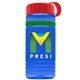 a transparent blue bottle & red lid & green band groove stripe 20 oz tritan(tm) sports bottle with tethered lid and digital imprint