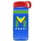 a transparent blue bottle & red lid & lime green band groove stripe 20 oz tritan(tm) sports bottle with tethered lid and digital imprint