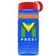 a transparent blue bottle & red lid & orange band groove stripe 20 oz tritan(tm) sports bottle with tethered lid and digital imprint
