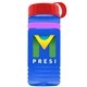 a transparent blue bottle & red lid & pink band groove stripe 20 oz tritan(tm) sports bottle with tethered lid and digital imprint