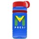 a transparent blue bottle & red lid & red band groove stripe 20 oz tritan(tm) sports bottle with tethered lid and digital imprint