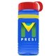 a transparent blue bottle & red lid & yellow band groove stripe 20 oz tritan(tm) sports bottle with tethered lid and digital imprint