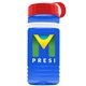 a transparent blue bottle & red lid & white band groove stripe 20 oz tritan(tm) sports bottle with tethered lid and digital imprint