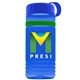 a transparent blue bottle & royal blue lid & green band groove stripe 20 oz tritan(tm) sports bottle with tethered lid and digital imprint