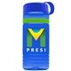 a transparent blue bottle & royal blue lid & lime green band groove stripe 20 oz tritan(tm) sports bottle with tethered lid and digital imprint